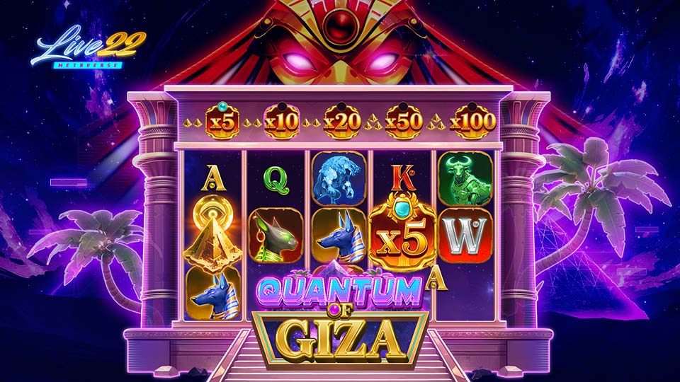 Live22 logo with Live22 game Quantum of Giza pyramid theme 7 Wonders of the World and the World